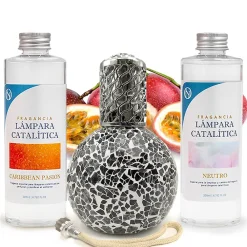 Pack économique Lampe Catalytique Mosaïque Noir + Parfum Caribbean Passion (200 ml) + Nettoyant Neutre (200 ml) + Mèche Rechange>Mamamanuela New
