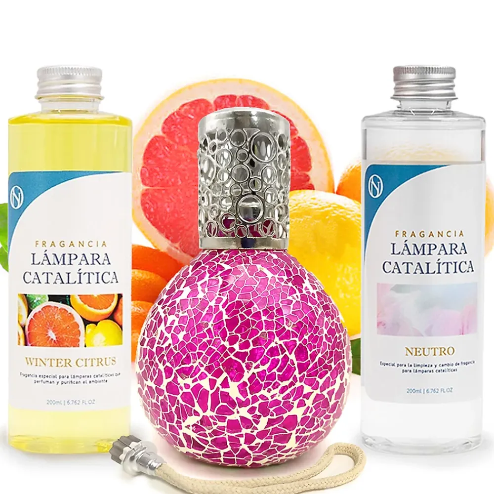 Mamamanuela Pack économique Lampe Catalytique Mosaïque Fuchsia + Parfum Winter Citrus (200 ml) + Nettoyant Neutre (200 ml) + Mèche de Rechange* Désodorisant Et Parfum D'Ambiance