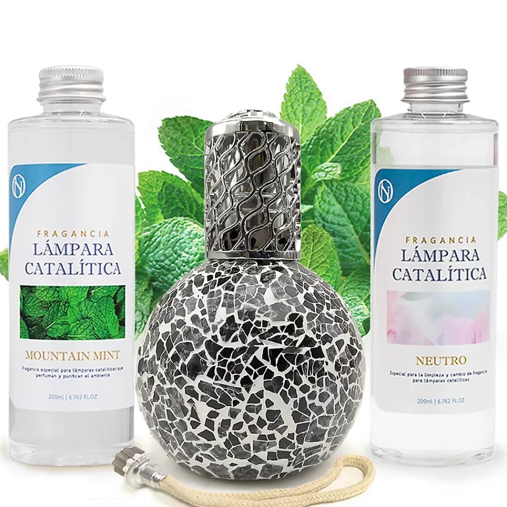 Mamamanuela Pack économique Lampe Catalytique Mosaïque Noir + Parfum Mountain Mint (500 ml) + Nettoyant Neutre (200 ml) + Mèche de Rechange* Désodorisant Et Parfum D'Ambiance