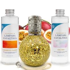 Pack économique Lampe Catalytique Mosaïque Doré + Parfum Caribbean Passion (200 ml) + Nettoyant Neutre (200 ml) + Mèche Rechange>Mamamanuela
