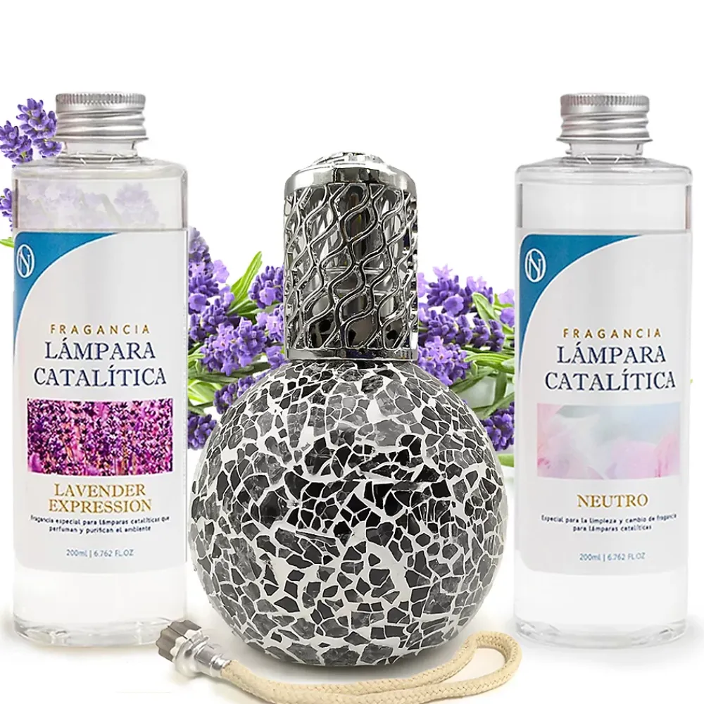Mamamanuela Pack économique Lampe Catalytique Mosaïque Noir + Parfum Lavender Expression (200 ml) + Nettoyant Neutre (200 ml) + Mèche Rechange* Désodorisant Et Parfum D'Ambiance