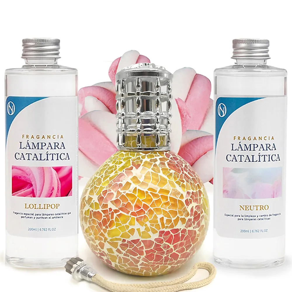 Pack économique Lampe Catalytique Mosaïque Bicolore + Parfum Lollipop (200 ml) + Nettoyant Neutre (200 ml) + Mèche de Rechange>Mamamanuela Sale