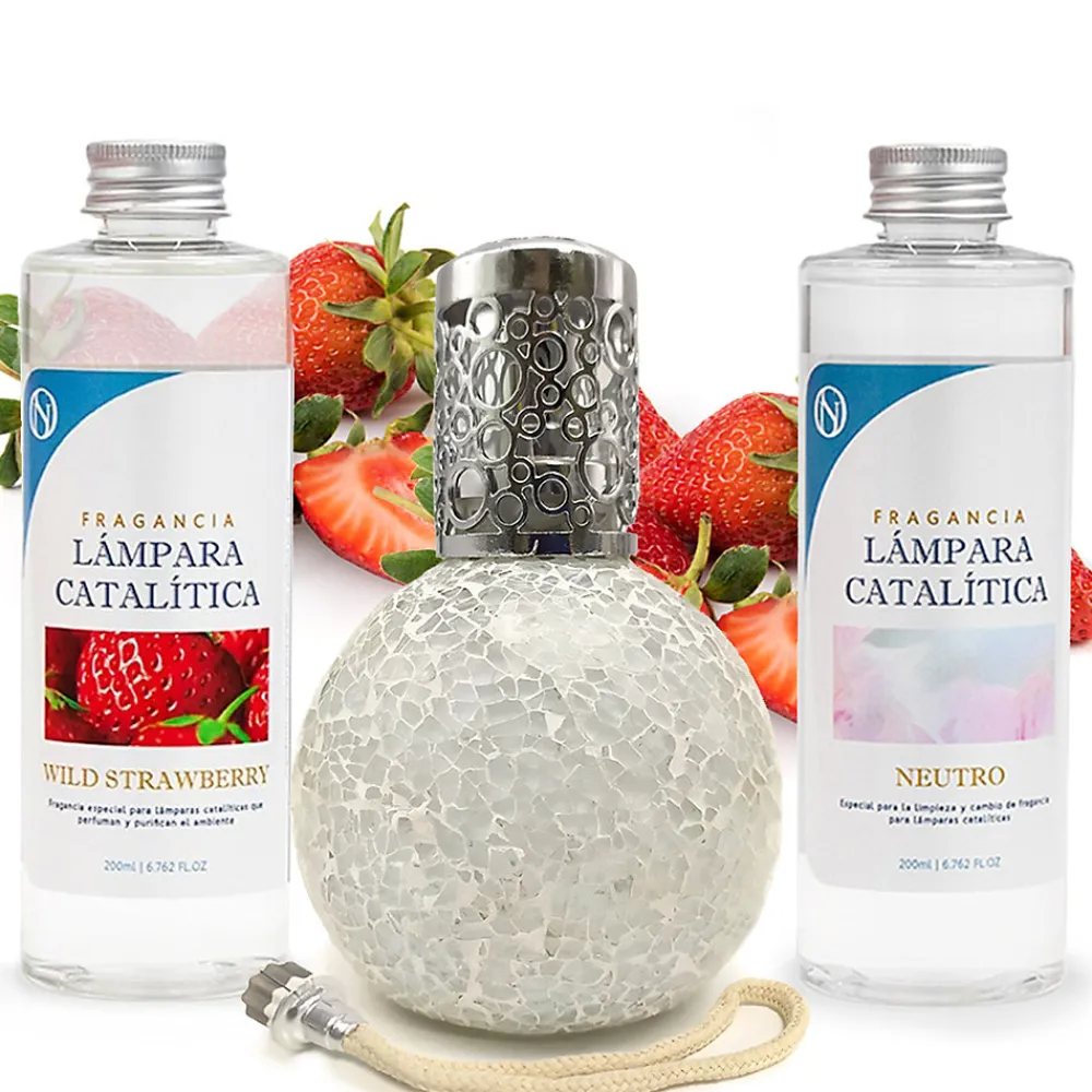 Pack économique Lampe Catalytique Mosaïque Blanc + Parfum Wild Strawberry (200 ml) + Nettoyant Neutre (200 ml) + Mèche Rechange>Mamamanuela Best