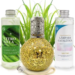 Mamamanuela Pack économique Lampe Catalytique Mosaïque Doré + Parfum Citronnelle (200 ml) + Nettoyant Neutre (200 ml) + Mèche de Rechange* Désodorisant Et Parfum D'Ambiance