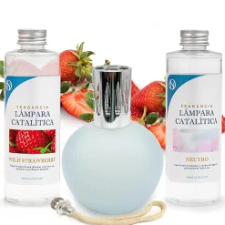 Mamamanuela Pack économique Lampe Catalytique Bleu-Gris Mat + Parfum Wild Strawberry (200 ml) + Nettoyant Neutre (200 ml) + Mèche de Rechange* Désodorisant Et Parfum D'Ambiance