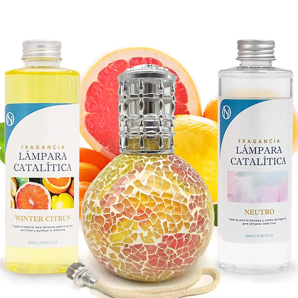 Mamamanuela Pack économique Lampe Catalytique Mosaïque Bicolore + Parfum Winter Citrus (500 ml) + Nettoyant Neutre (200 ml) + Mèche Rechange* Désodorisant Et Parfum D'Ambiance