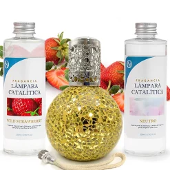 Pack économique Lampe Catalytique Mosaïque Doré + Parfum Wild Strawberry (200 ml) + Nettoyant Neutre (200 ml) + Mèche de Rechange>Mamamanuela Clearance
