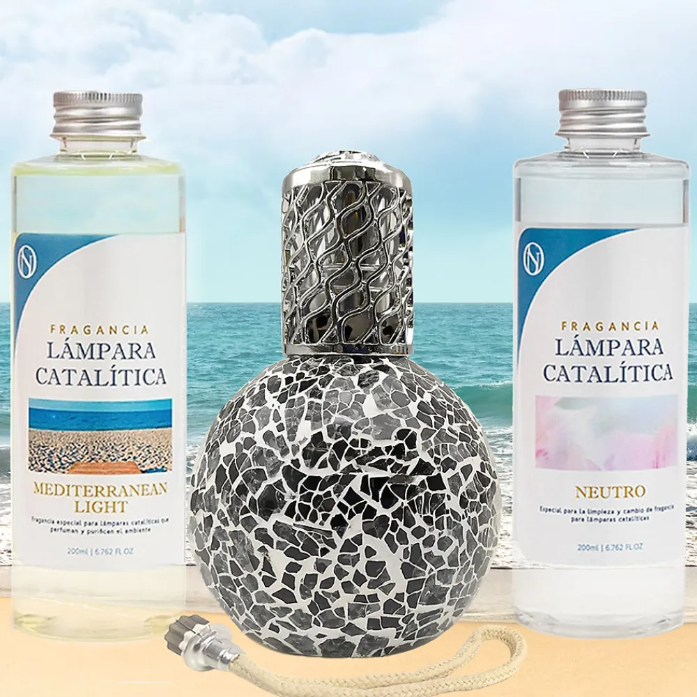 Pack économique Lampe Catalytique Mosaïque Noir + Parfum Mediterranean Light (200 ml) + Nettoyant Neutre (200 ml) + Mèche Rechange>Mamamanuela Outlet