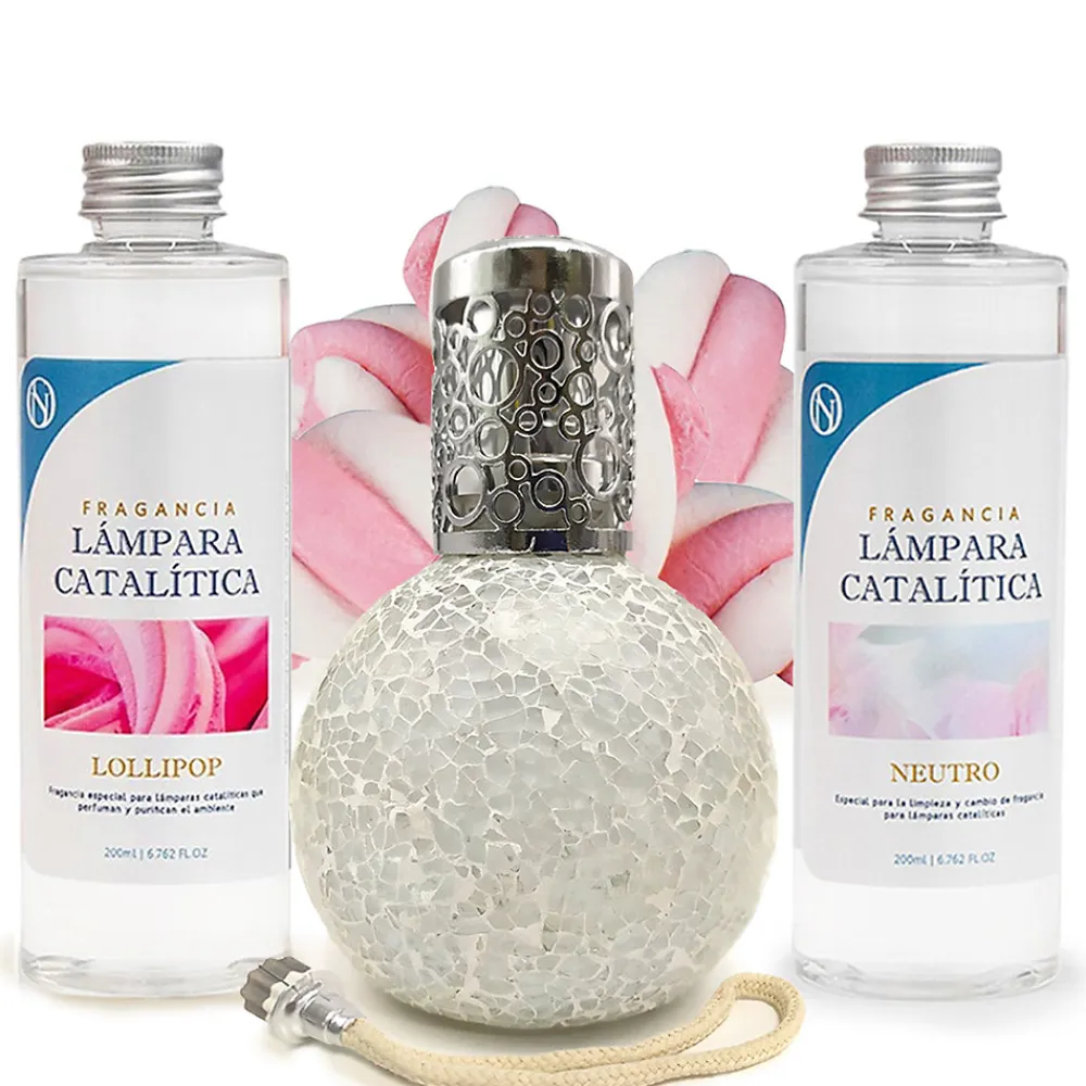 Pack économique Lampe Catalytique Mosaïque Blanc + Parfum Lollipop (200 ml) + Nettoyant Neutre (200 ml) + Mèche de Rechange>Mamamanuela