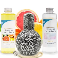 Mamamanuela Pack économique Lampe Catalytique Mosaïque Noir + Parfum Winter Citrus (200 ml) + Nettoyant Neutre (200 ml) + Mèche de Rechange* Désodorisant Et Parfum D'Ambiance