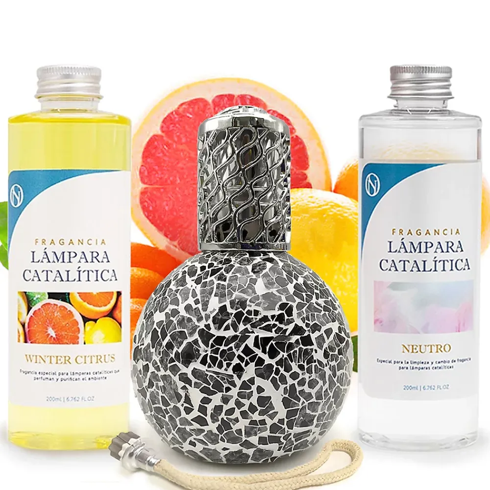 Mamamanuela Pack économique Lampe Catalytique Mosaïque Noir + Parfum Winter Citrus (200 ml) + Nettoyant Neutre (200 ml) + Mèche de Rechange* Désodorisant Et Parfum D'Ambiance