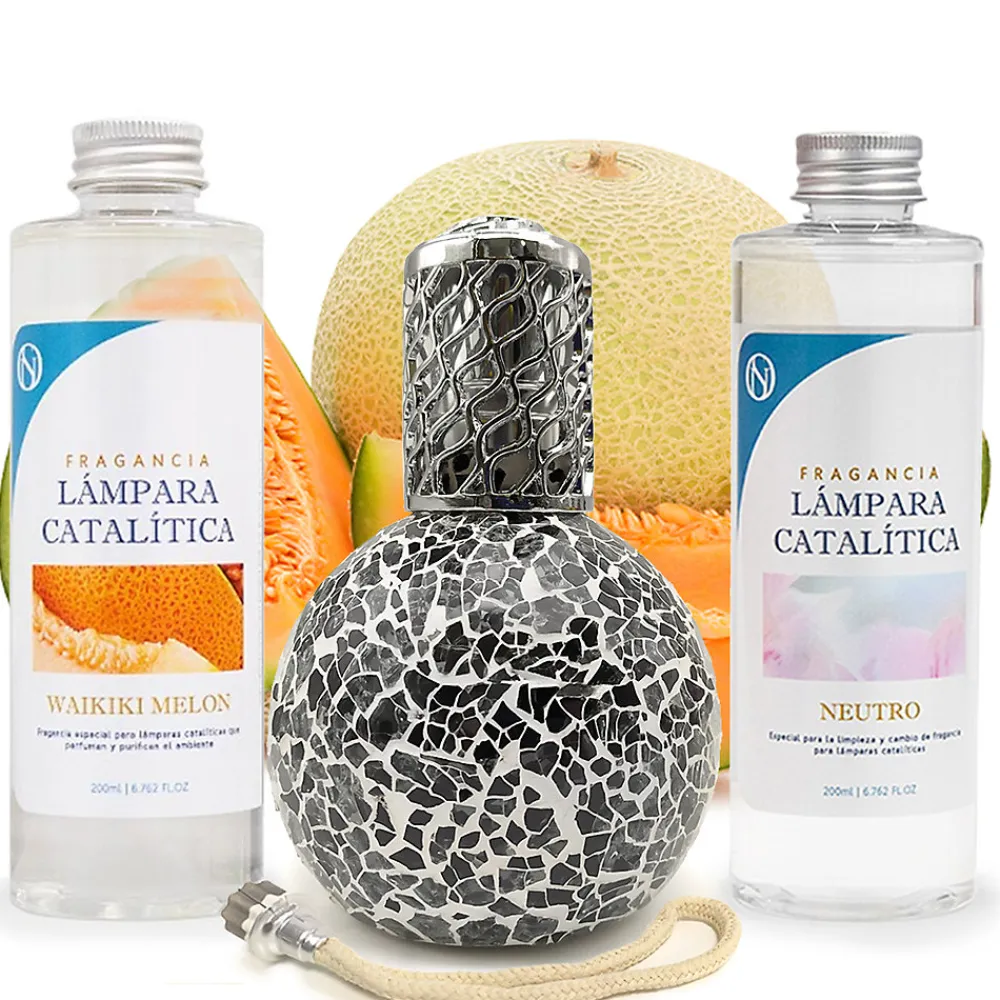 Pack économique Lampe Catalytique Mosaïque Noir + Parfum Waikiki Melon (200 ml) + Nettoyant Neutre (200 ml) + Mèche de Rechange>Mamamanuela New