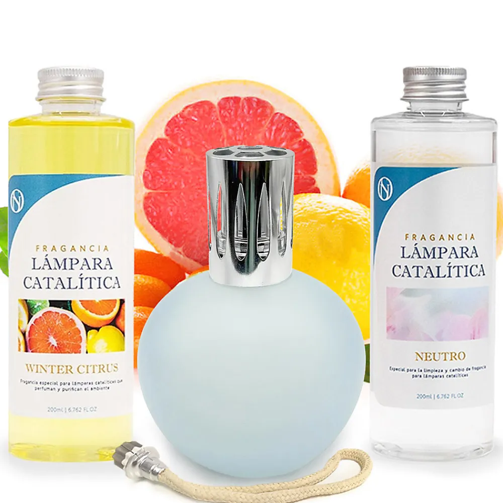 Pack économique Lampe Catalytique Bleu Gris Mat + Parfum Winter Citrus (500 ml) + Nettoyant Neutre (200 ml) + Mèche de Rechange>Mamamanuela Best