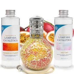 Mamamanuela Pack économique Lampe Catalytique Mosaïque Bicolore + Parfum Caribbean Passion (200ml) + Nettoyant Neutre (200ml) + Mèche Rechange* Désodorisant Et Parfum D'Ambiance
