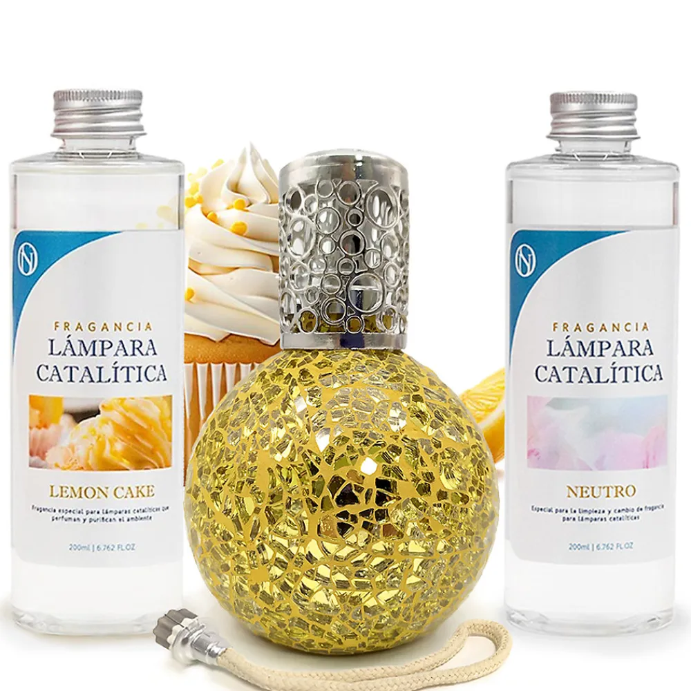 Pack économique Lampe Catalytique Mosaïque Doré + Parfum Lemon Cake (500 ml) + Nettoyant Neutre (200 ml) + Mèche de Rechange>Mamamanuela Outlet