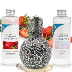 Mamamanuela Pack économique Lampe Catalytique Mosaïque Noir + Parfum Wild Strawberry (500 ml) + Nettoyant Neutre (200 ml) + Mèche de Rechange* Désodorisant Et Parfum D'Ambiance