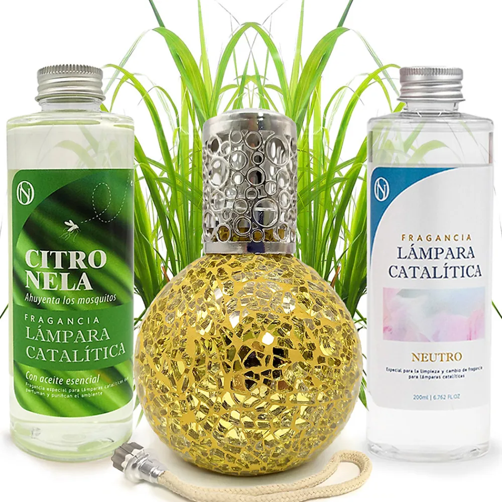 Pack économique Lampe Catalytique Mosaïque Doré + Parfum Citronnelle (500 ml) + Nettoyant Neutre (200 ml) + Mèche de Rechange>Mamamanuela Clearance