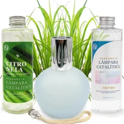 Pack économique Lampe Catalytique Bleu Gris Mat + Parfum Citronnelle (500 ml) + Nettoyant Neutre (200 ml) + Mèche de Rechange>Mamamanuela Sale