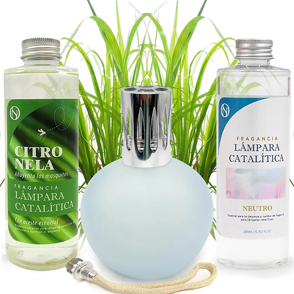 Pack économique Lampe Catalytique Bleu Gris Mat + Parfum Citronnelle (500 ml) + Nettoyant Neutre (200 ml) + Mèche de Rechange>Mamamanuela Sale