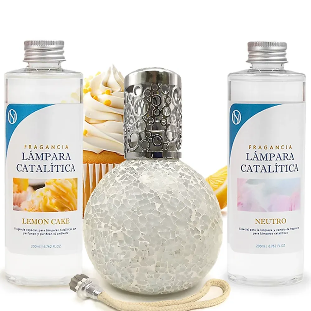 Mamamanuela Pack économique Lampe Catalytique Mosaïque Blanc + Parfum Lemon Cake (200 ml) + Nettoyant Neutre (200 ml) + Mèche de Rechange* Désodorisant Et Parfum D'Ambiance