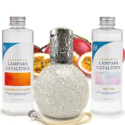 Pack économique Lampe Catalytique Mosaïque Blanc + Parfum Caribbean Passion (500 ml) + Nettoyant Neutre (200 ml) + Mèche Rechange>Mamamanuela Discount