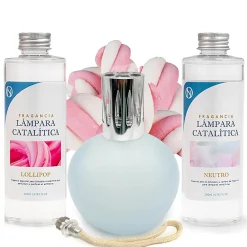 Pack économique Lampe Catalytique Bleu Gris Mat + Parfum Lollipop (500 ml) + Nettoyant Neutre (200 ml) + Mèche de Rechange>Mamamanuela