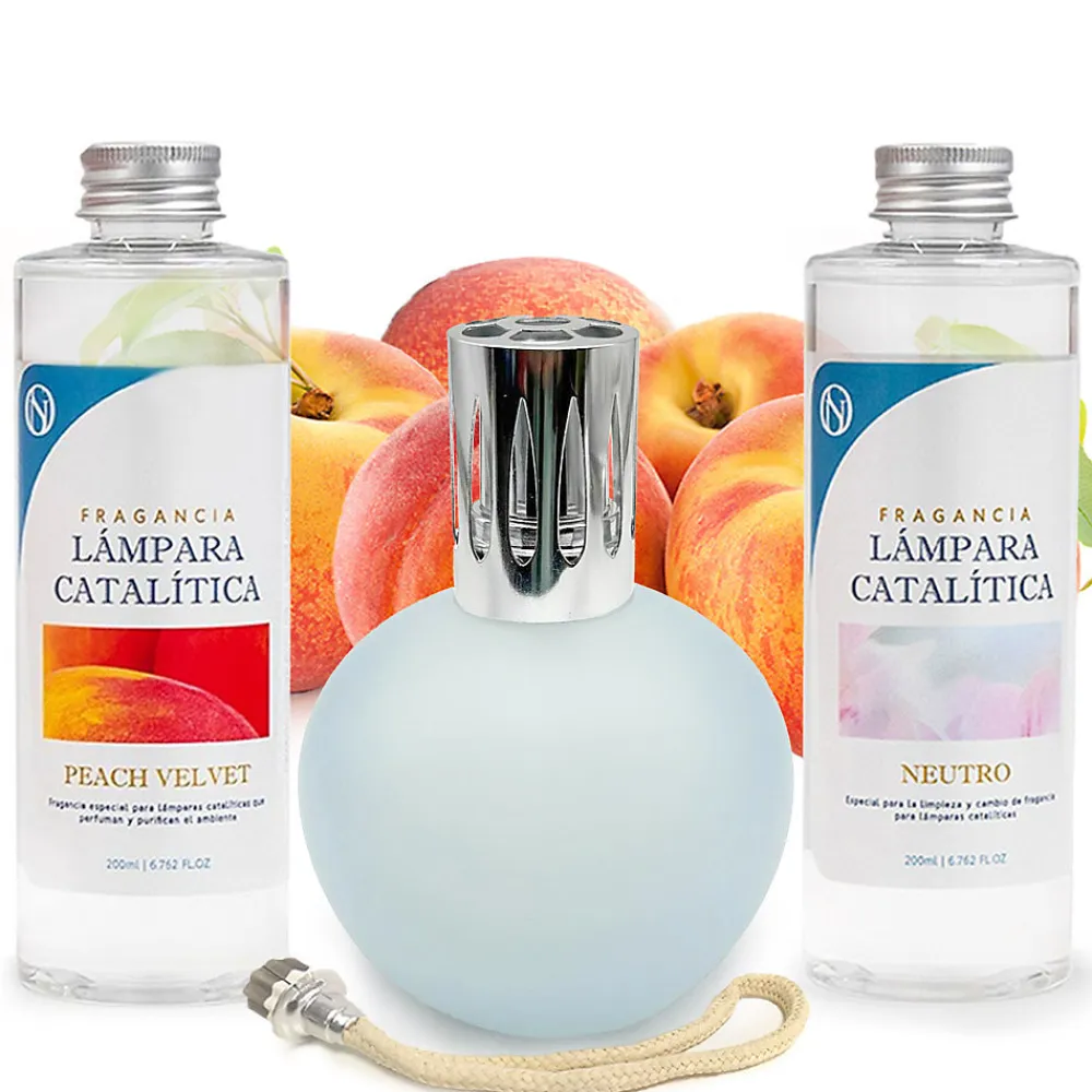 Pack économique Lampe Catalytique Bleu-Gris Mat + Parfum Peach Velvet (200 ml) + Nettoyant Neutre (200 ml) + Mèche de Rechange>Mamamanuela Clearance
