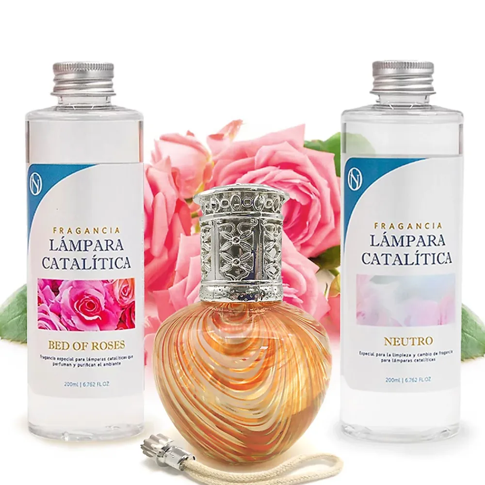 Mamamanuela Pack économique Lampe Catalytique Orange Waves + Parfum Bed of Roses (200 ml) + Nettoyant Neutre (200 ml) + Mèche de Rechange* Désodorisant Et Parfum D'Ambiance