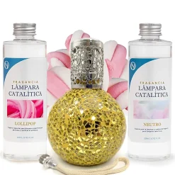 Mamamanuela Pack économique Lampe Catalytique Mosaïque Doré + Parfum Lollipop (200 ml) + Nettoyant Neutre (200 ml) + Mèche de Rechange* Désodorisant Et Parfum D'Ambiance