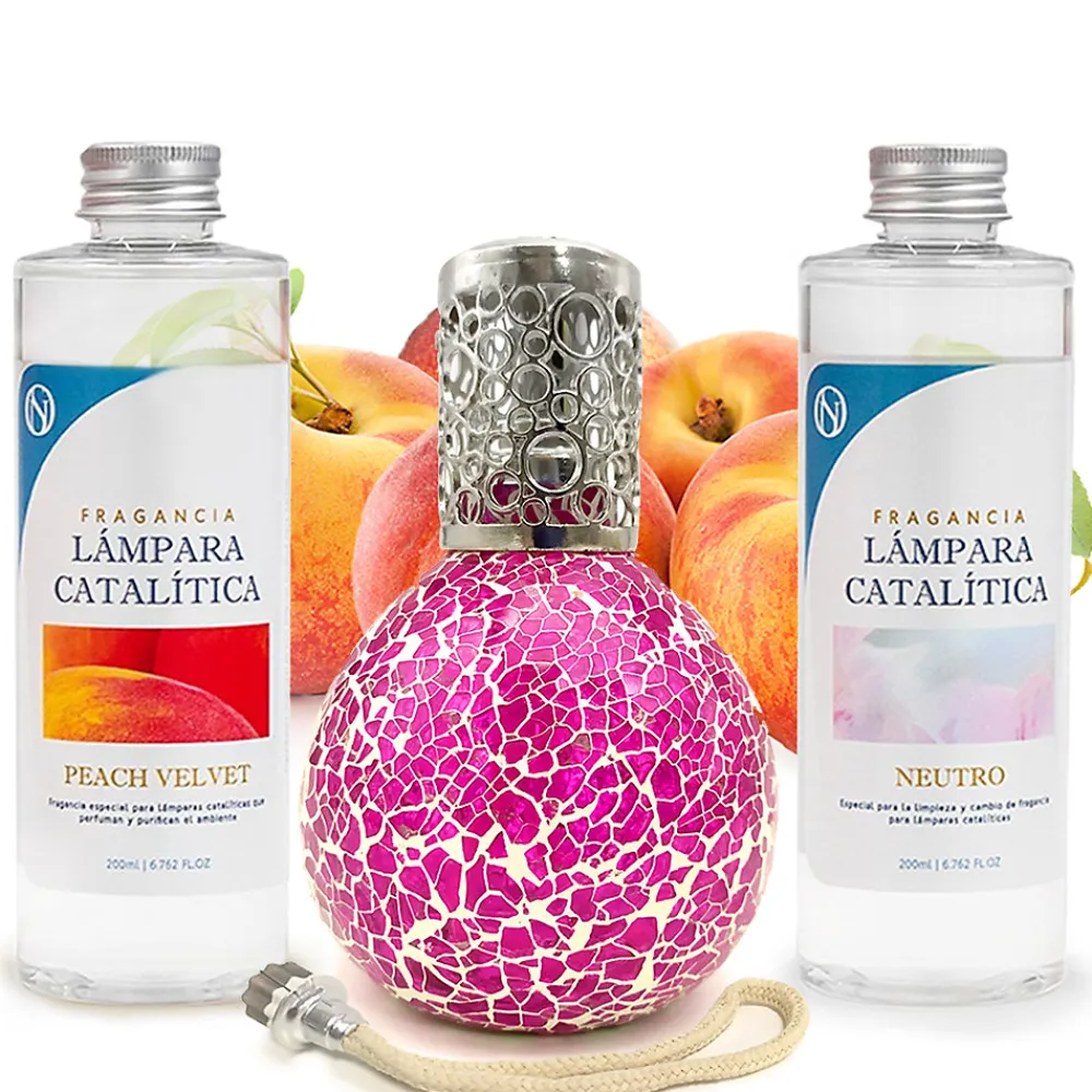 Pack économique Lampe Catalytique Mosaïque Fuchsia + Parfum Peach Velvet (500 ml) + Nettoyant Neutre (200 ml) + Mèche de Rechange>Mamamanuela