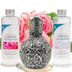 Pack économique Lampe Catalytique Mosaïque Noir + Parfum Bed of Roses (500 ml) + Nettoyant Neutre (200 ml) + Mèche de Rechange>Mamamanuela Online