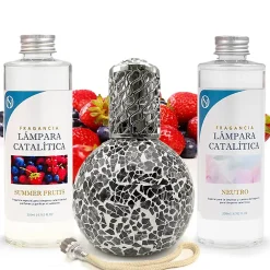 Mamamanuela Pack économique Lampe Catalytique Mosaïque Noir + Parfum Summer Fruits (200 ml) + Nettoyant Neutre (200 ml) + Mèche de Rechange* Désodorisant Et Parfum D'Ambiance