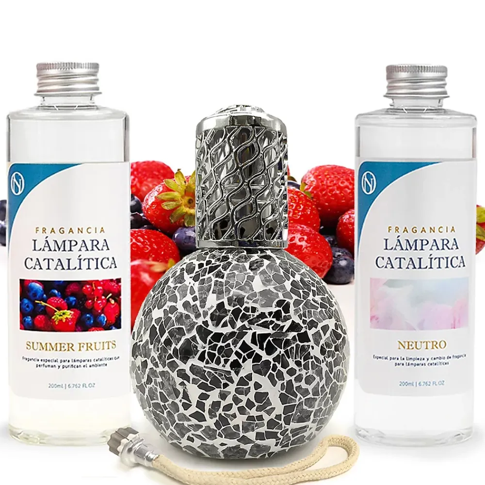 Mamamanuela Pack économique Lampe Catalytique Mosaïque Noir + Parfum Summer Fruits (200 ml) + Nettoyant Neutre (200 ml) + Mèche de Rechange* Désodorisant Et Parfum D'Ambiance