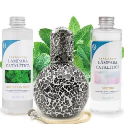 Mamamanuela Pack économique Lampe Catalytique Mosaïque Noir + Parfum Mountain Mint (200 ml) + Nettoyant Neutre (200 ml) + Mèche de Rechange* Désodorisant Et Parfum D'Ambiance