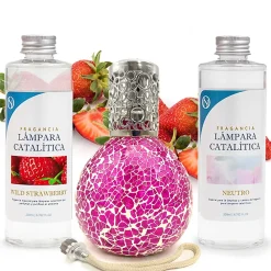 Mamamanuela Pack économique Lampe Catalytique Mosaïque Fuchsia + Parfum Wild Strawberry (200 ml) + Nettoyant Neutre (200 ml) + Mèche Rechange* Désodorisant Et Parfum D'Ambiance