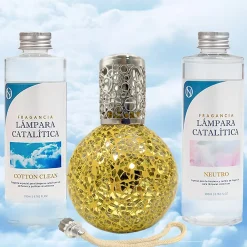 Pack économique Lampe Catalytique Mosaïque Doré + Parfum Cotton Clean (200 ml) + Nettoyant Neutre (200 ml) + Mèche de Rechange>Mamamanuela New