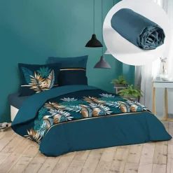 Pack housse de couette 220x240 cm Alianor + drap housse 140x190 Bleu>L'Effet Papillon