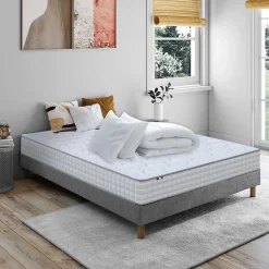 Pack matelas ressorts ASTRE + sommier kit gris + couette et oreillers 140x200><noscript><img width=