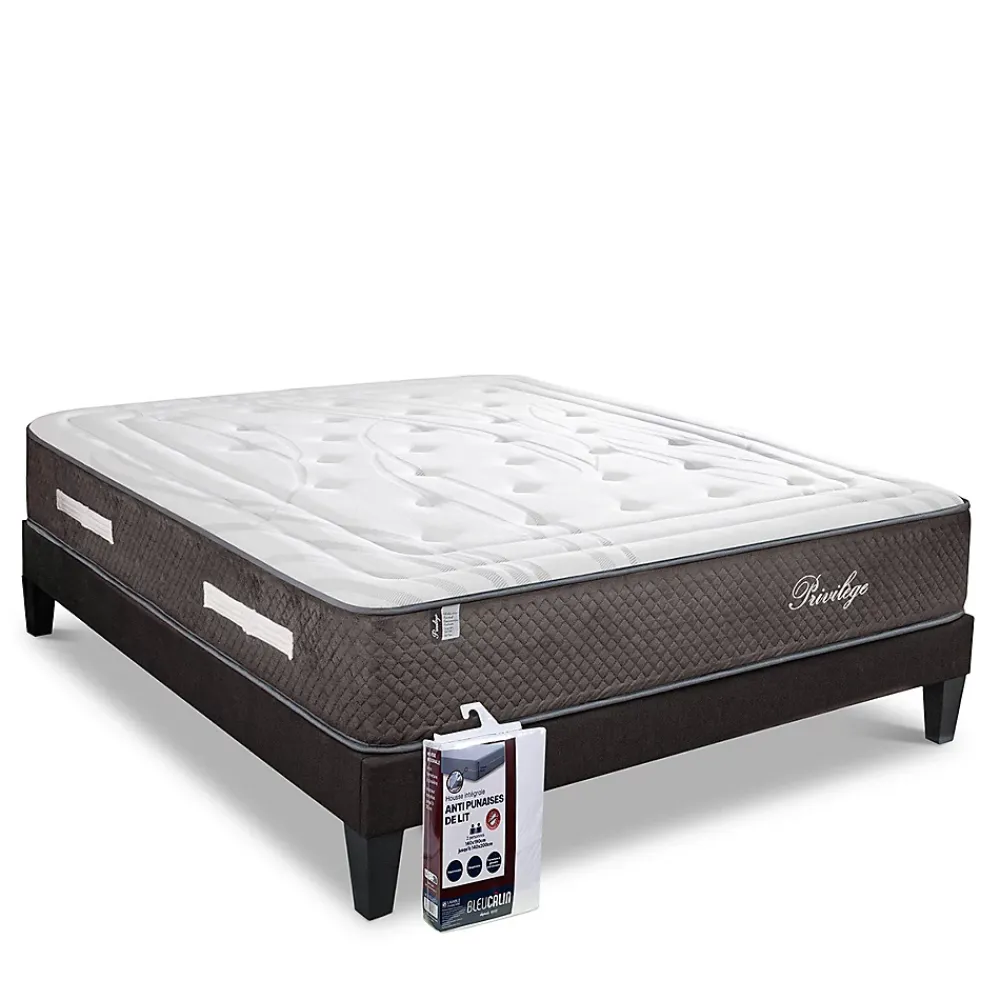 Bellecour Pack Privilège 90x200 cm Matelas Ressorts + Sommier Bois + Protège matelas anti punaise* Ensemble Sommier Et Matelas