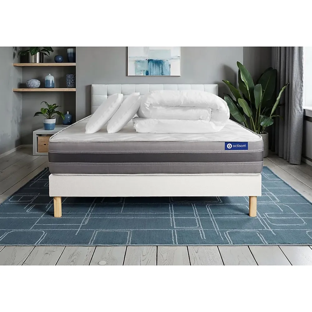 Actisom Pack sommier kit matelas Ressorts ensachés et mémoire de forme avec couette et oreillers* Ensemble Sommier Et Matelas