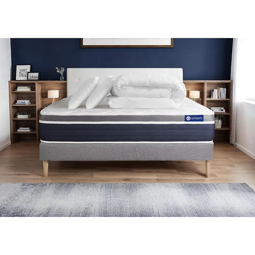 Actisom Pack sommier kit matelas Ressorts ensachés et mémoire de forme avec couette et oreillers* Ensemble Sommier Et Matelas