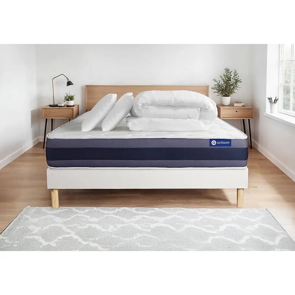 Actisom Pack sommier kit matelas Latex et mémoire de forme avec couette et oreillers* Ensemble Sommier Et Matelas