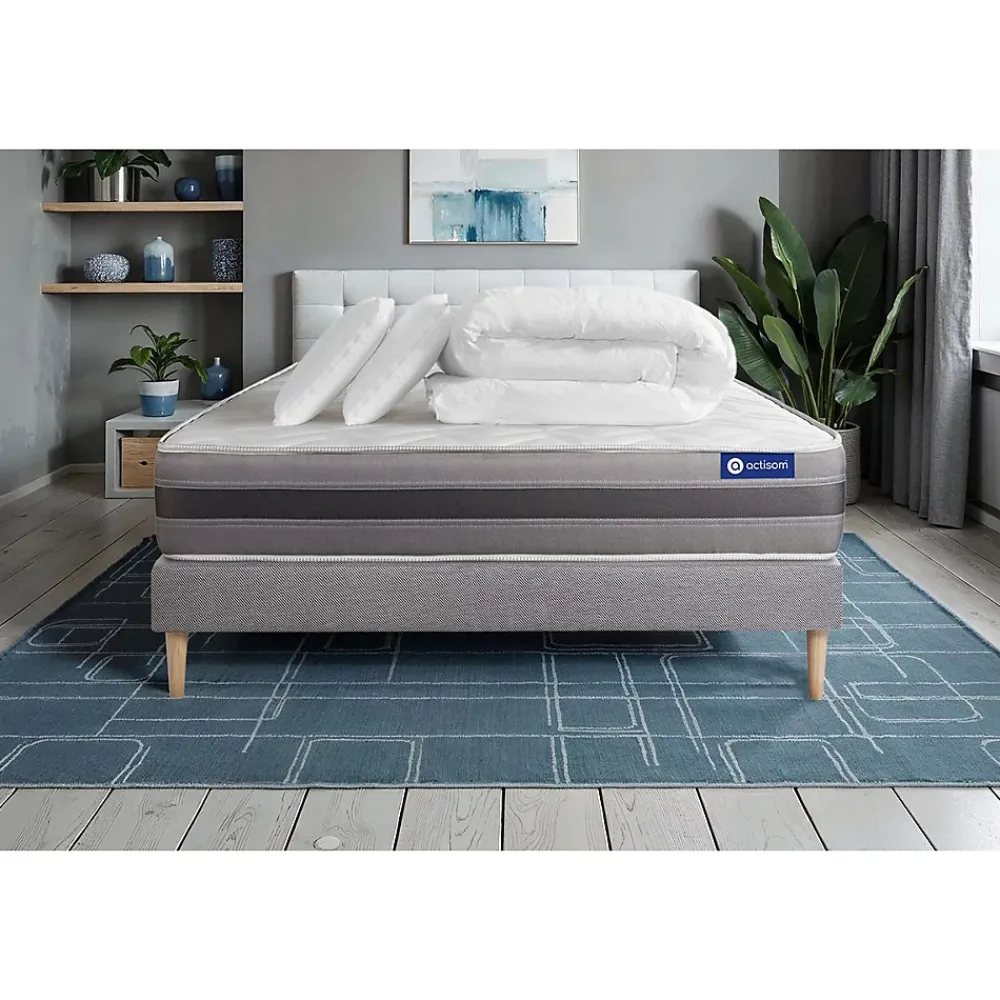 Actisom Pack sommier kit matelas Ressorts ensachés et mémoire de forme avec couette et oreillers* Ensemble Sommier Et Matelas