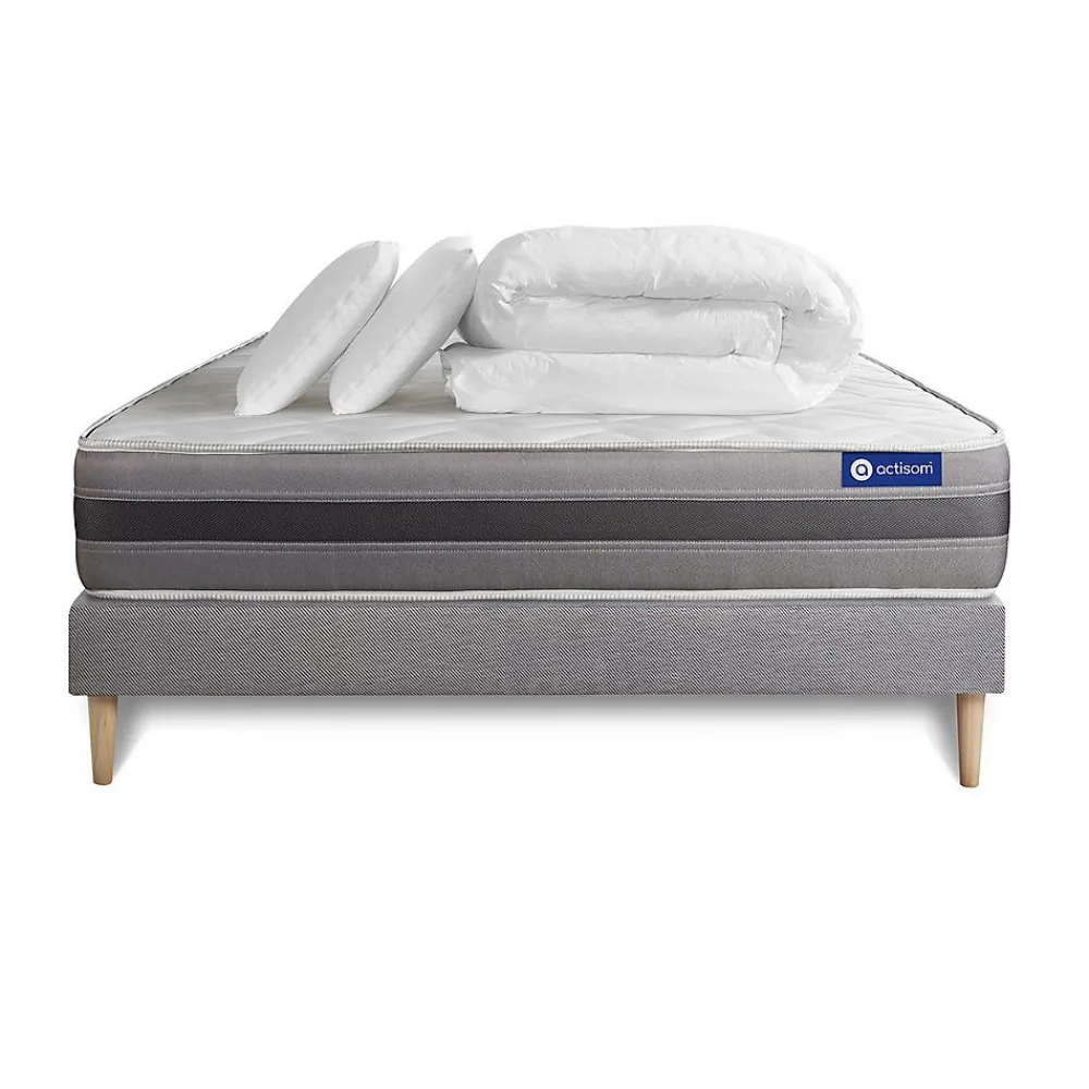 Actisom Pack sommier kit matelas Ressorts ensachés et mémoire de forme avec couette et oreillers* Ensemble Sommier Et Matelas