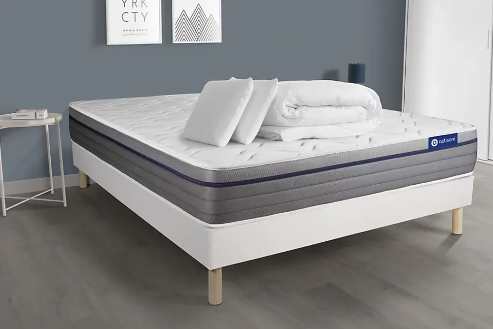 Actisom Pack sommier kit matelas Ressorts ensachés et mémoire de forme avec couette et oreillers* Ensemble Sommier Et Matelas