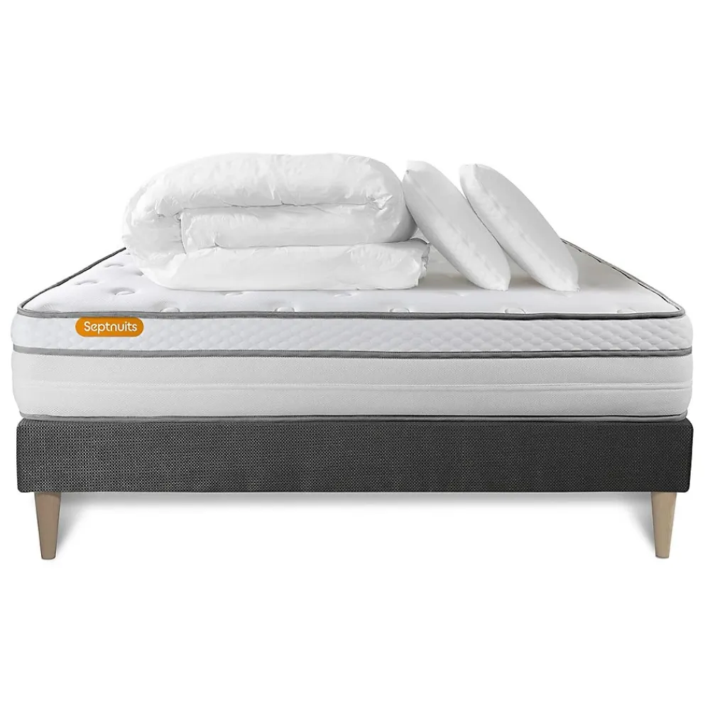 Sept Nuits Pack sommier kit matelas Ressorts ensachés et mémoire de forme avec couette et oreillers* Ensemble Sommier Et Matelas