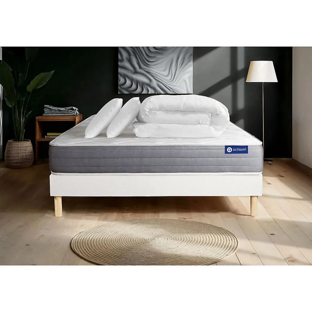 Actisom Pack sommier kit matelas Mémoire de forme avec couette et oreillers* Ensemble Sommier Et Matelas