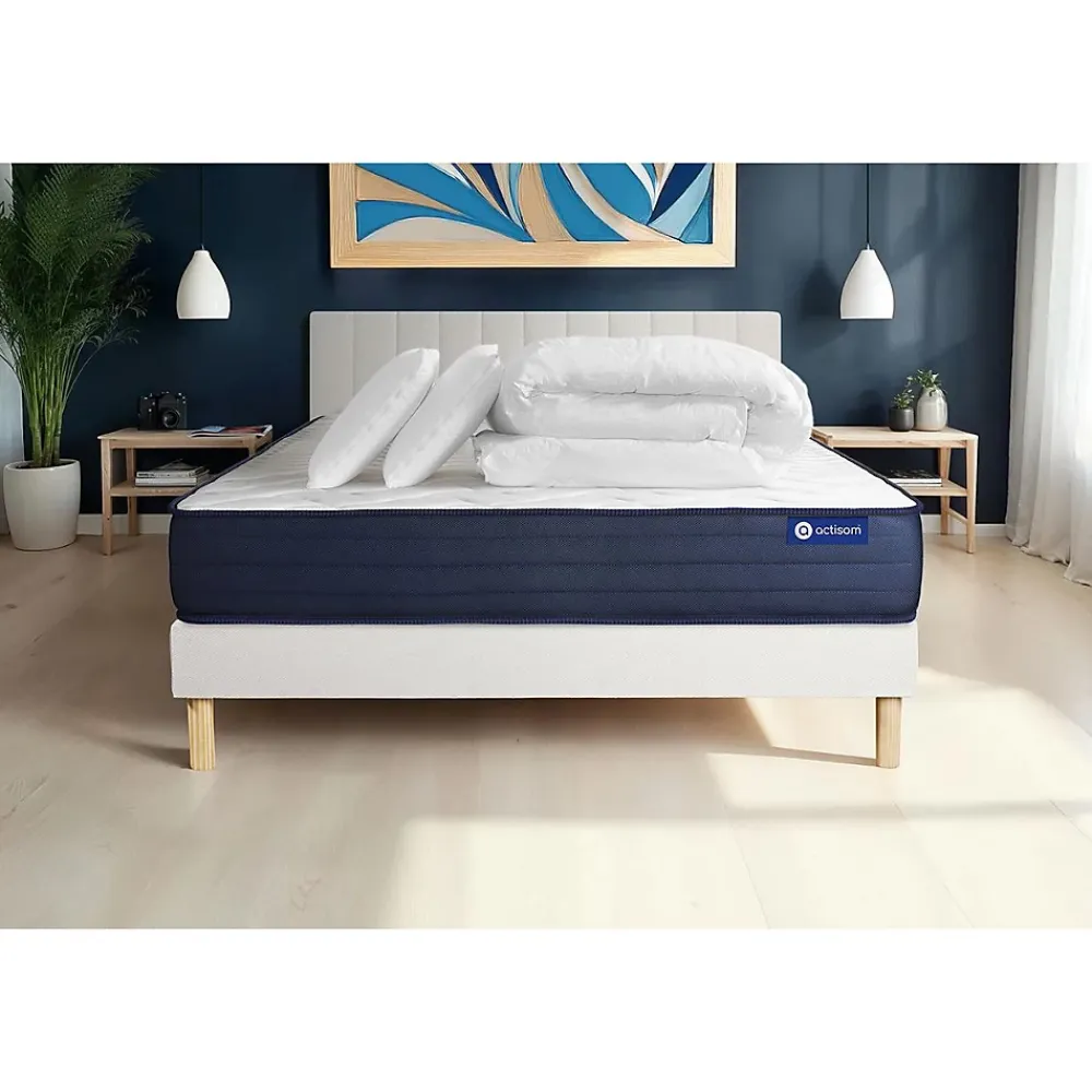 Actisom Pack sommier kit matelas Ressorts ensachés et mémoire de forme avec couette et oreillers* Ensemble Sommier Et Matelas