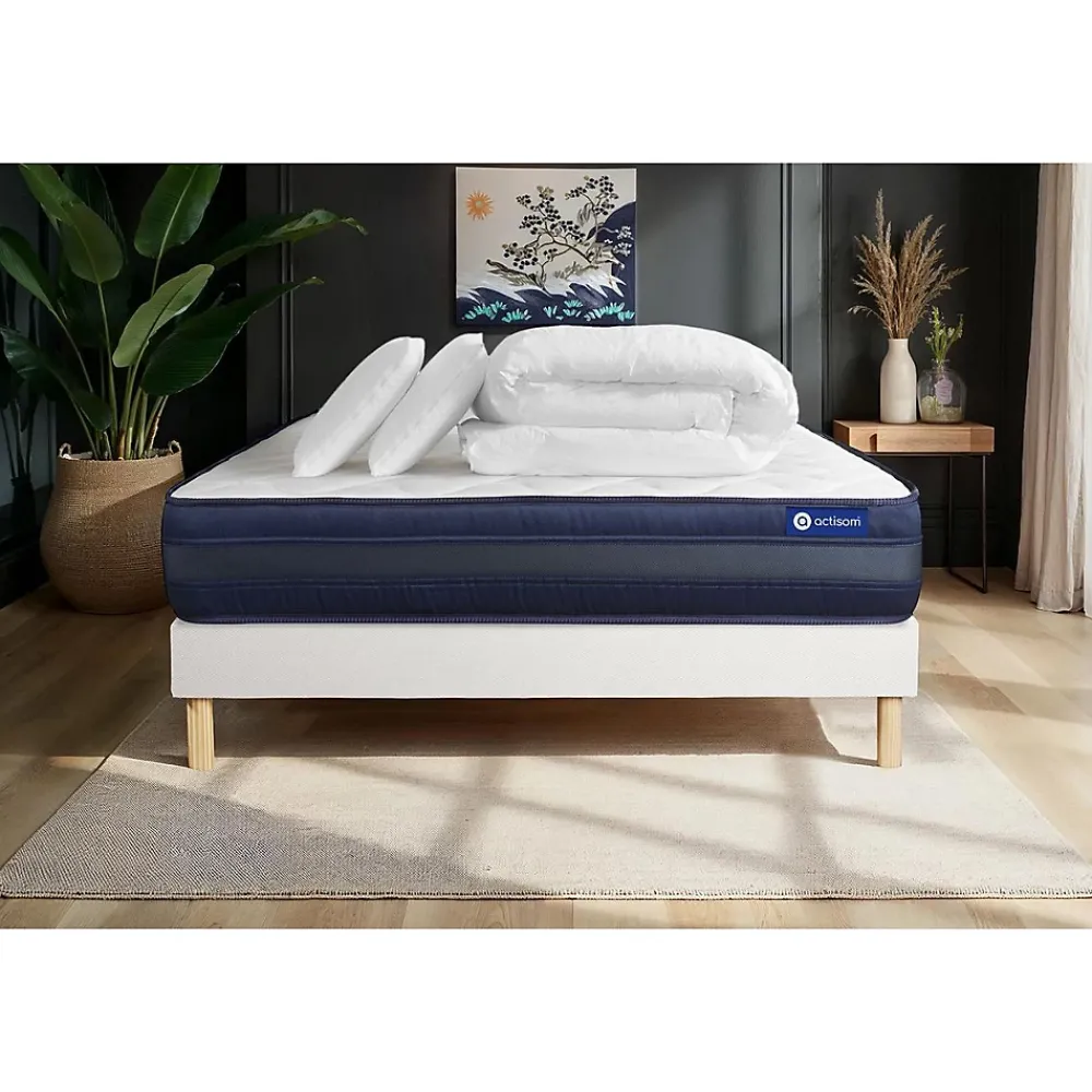 Actisom Pack sommier kit matelas Latex et mémoire de forme avec couette et oreillers* Ensemble Sommier Et Matelas