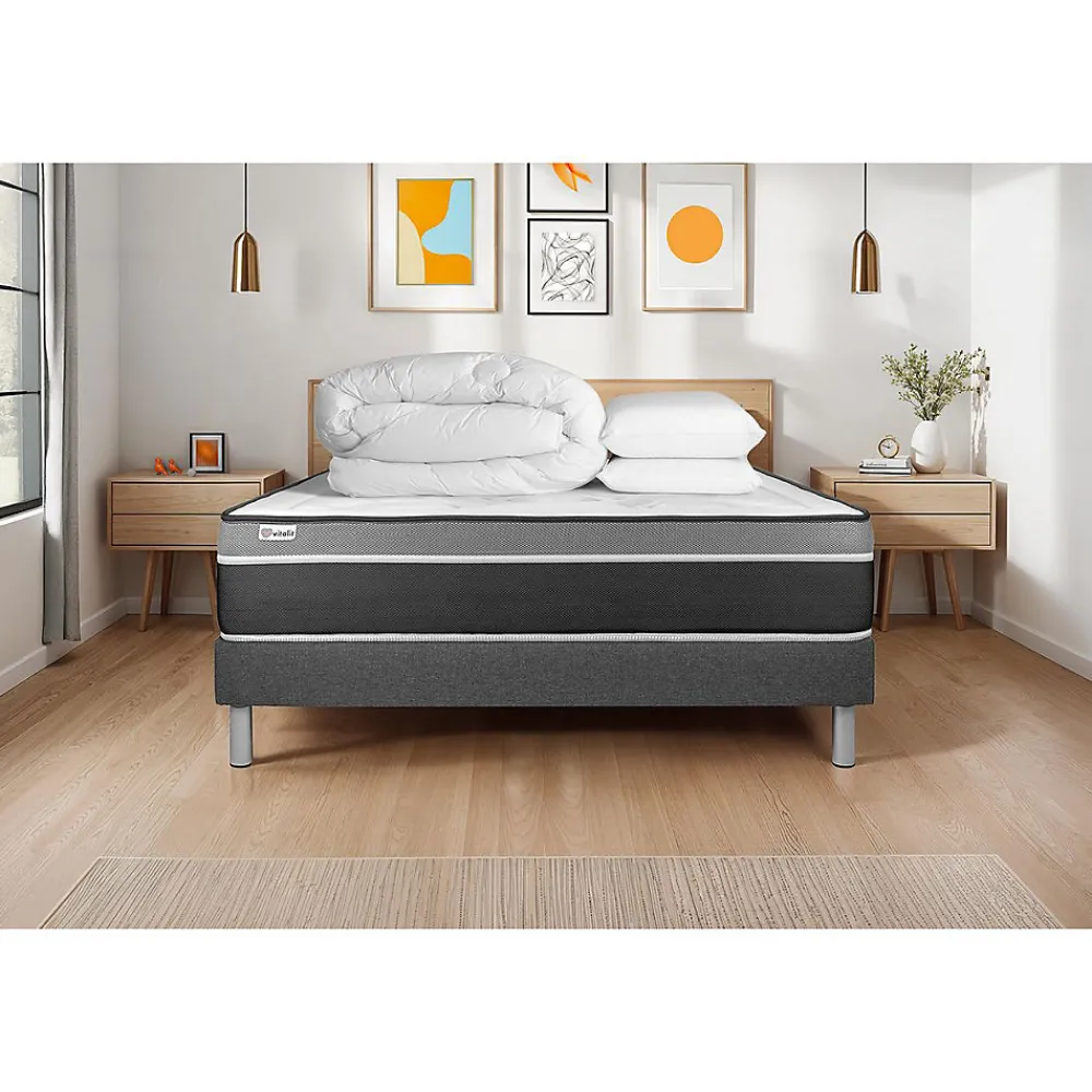 Pack sommier kit matelas Ressorts ensachés et mémoire de forme avec couette et oreillers>Vitalit Sale